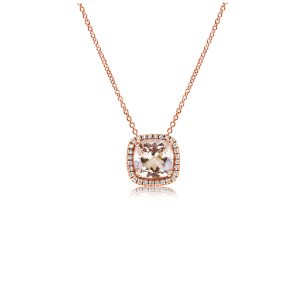 18ct Rose Gold Claw Set Cushion Morganite & Diamond Halo Pendant