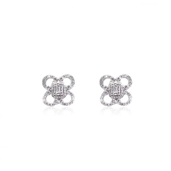 Bellagio_Selene_18ct White Gold Baguette & Round Diamond Flower Earrings