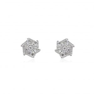 Bellagio_Selene_18ct White Gold Baguette & Round Diamond Flower Earrings