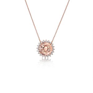 18ct Rose Gold Claw Set Round Morganite And Diamond Cluster Pendant