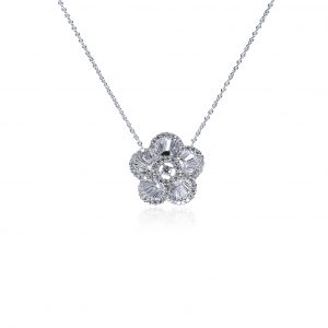 18ct White Gold Claw Set Round & Baguette Diamond Flower Pendant