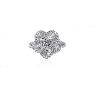 18ct White Gold Claw Set Round & Baguette Diamond Flower Ring