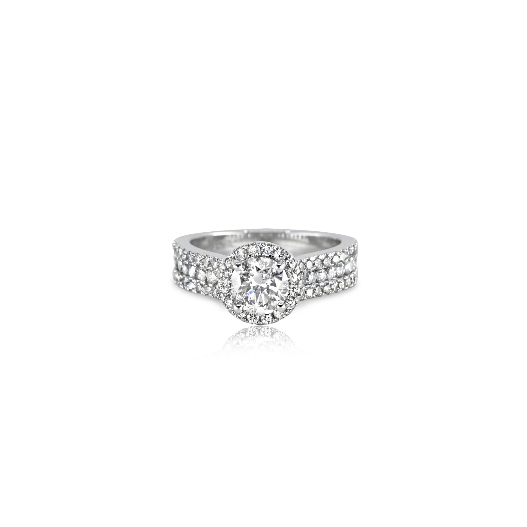 14k White Gold Round Diamond Wide-Band Halo Engagement Ring with Milgrain  Accents and Three-Row Channel- and Pave-Set Melees