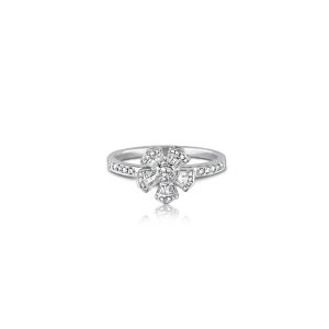 18ct White Gold Claw Set Baguette & Round Brilliant Diamond Fleur Ring