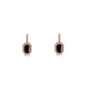 18ct Rose Gold Claw Set Emerald Cut Black & Round White Diamond Earrings