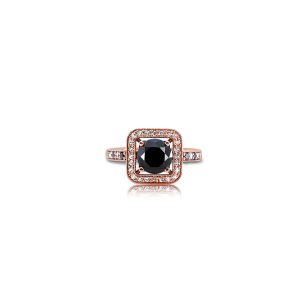 18ct Rose Gold Claw Set Black & White Diamond Cushion Halo Milgrain Ring