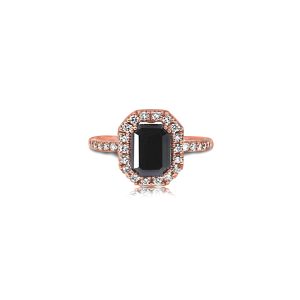18ct Rose Gold Claw Set Emerald Cut Black & Round White Diamond Ring