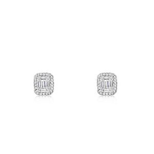 18ct White Gold Claw Set Baguette & Round Diamond Earrings