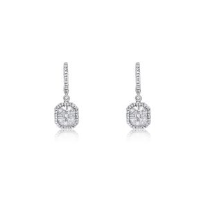 18ct White Gold Claw Set Cluster Baguette & Round Diamond Selene Drop Earrings