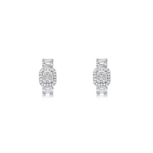 18ct White Gold Claw Set Baguette & Round Diamond Selene Halo Huggie Earrings