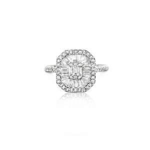 18ct White Gold Claw Set Baguette & Round Diamond Selene Ring