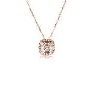 9ct Rose Gold Claw Set Cushion Cut Morganite & Diamond Halo Pendant