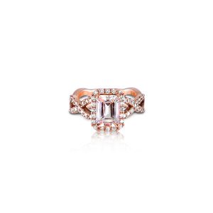 9ct Rose Gold Claw Set Emerald Cut Morganite & Diamond Halo Twisty Ring