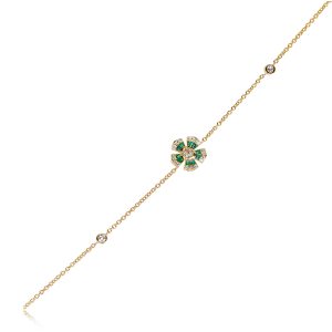18ct Yellow Gold Claw Set Emerald & Round Brilliant Diamond Fleur Bracelet