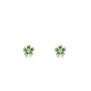 18ct Yellow Gold Claw Set Emerald & Round Brilliant Diamond Fleur Earrings