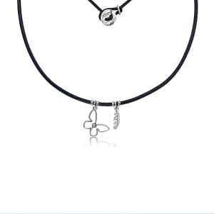 9ct White Gold Diamond Multicharm Black Leather Cord Momenti Bracelet