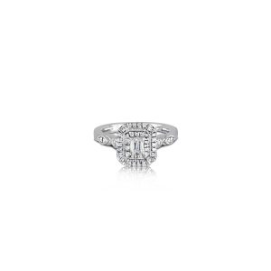 9ct White Gold Claw Set Emerald Cut & Round Diamond Ring