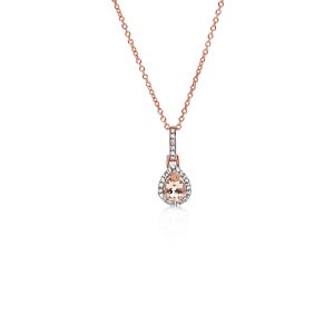 9ct Rose Gold Claw Set Pear Shape Morganite Cluster Diamond Drop Pendant
