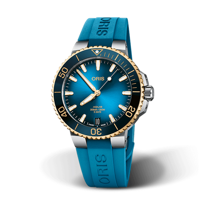 Oris Aquis Date Cal 400 Blue Dial Gold Bezel Stainless Steel Watch