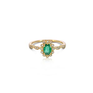 14ct Yellow Gold Claw & Milgrain Set Diamond & Emerald Halo Ring