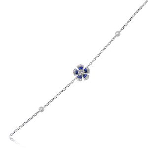18ct White Gold Claw Set Baguette Blue Sapphire & Round Diamond Fleur Bracelet