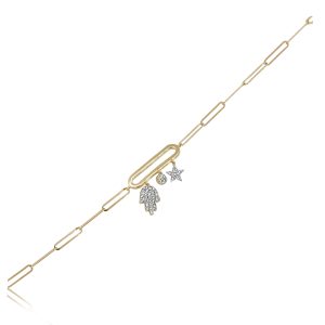 9ct Yellow Gold Claw Set Round Diamond Paper Clip & Hanging Charm Piccola Bracelet