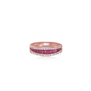 18ct Rose Gold Baguette Ruby & Round Diamond Bayede Ring