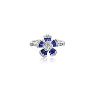 18ct White Gold Claw Set Baguette Blue Sapphire & Round Diamond Fleur Ring