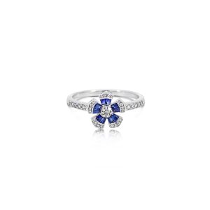 18ct White Gold Claw Set Baguette Blue Sapphire & Round Diamond Fleur Ring