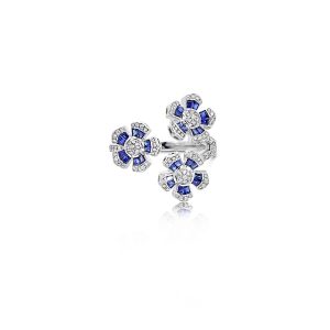 18ct White Gold Claw Set Baguette Blue Sapphire & Round Diamond Tri-Flower Fleur Ring