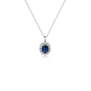 9ct White Gold Claw Set Sapphire & Baguette Diamond Pendant