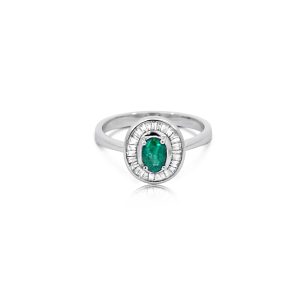 9ct White Gold Claw Set Emerald & Baguette Diamond Ring
