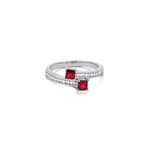 9ct White Gold Claw Set Ruby & Baguette Diamond Ring