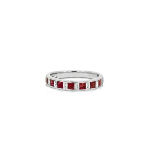 9ct White Gold Claw Set Ruby & Baguette Diamond Ring