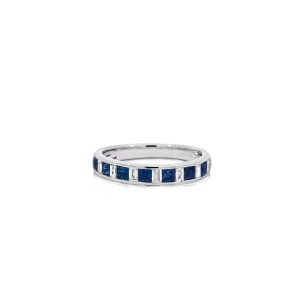 9ct White Gold Claw Set Sapphire & Baguette Diamond Ring