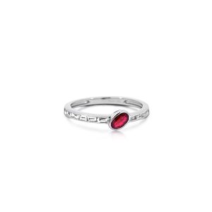 9ct White Gold Claw Set Ruby & Baguette Diamond Ring