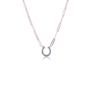 9ct Yellow Gold Claw Set Round Diamond Horse Shoe Charm Paper Clip Link Piccola Necklace