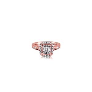 9ct Rose Gold Claw Set Emerald Cut & Round Diamond Ring