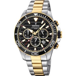 Festina Originals Chrono Black Dial Two Tone Stainless Steel Watch