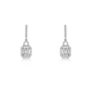 18ct White Gold Claw Set Baguette & Round Diamond Selene Earrings