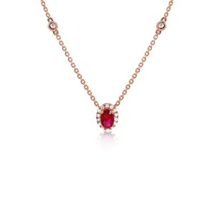 18ct Rose Gold Claw Set Diamond & Ruby Cluster Necklace