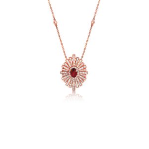 18ct Rose Gold Claw Set Oval Ruby & Diamond Bayede Necklace