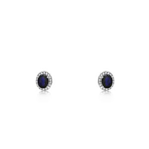 18ct White Gold Claw Set Oval Sapphire & Diamond Cluster Bayede Earrings