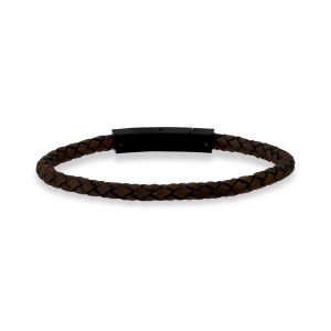 A.R.Z Stainless Steel Brown Leather Black Clasp Bracelet