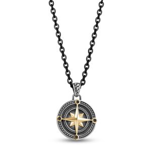 A.R.Z Stainless Steel Black & Gold Compass Pendant With Chain