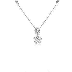 18ct White Gold Claw Set Baguette & Round Diamond Fleur Drop Necklace