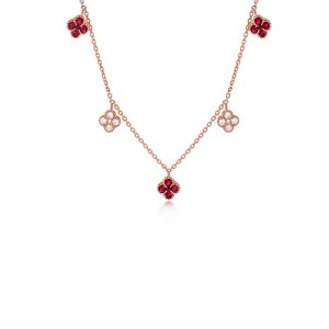 18ct Rose Gold Claw Set Ruby & Diamond 5 Drop 1920 Necklace