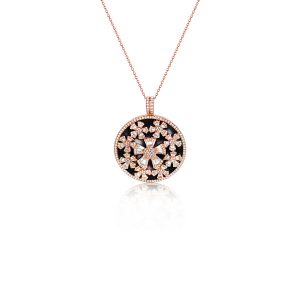18ct Rose Gold Claw Set Onyx & Diamond Fleur Pendant