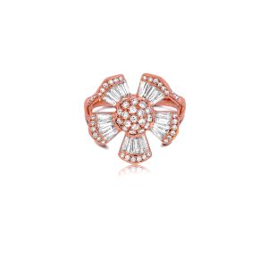 18ct Rose Gold Claw Set Baguette & Round Dimond Split Band Fleur Ring