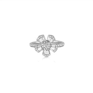 18ct White Gold Claw Set Baguette & Round Brilliant Diamond Fleur Ring